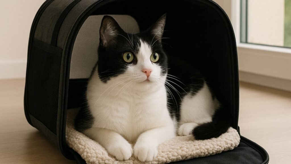 A black and white cat relaxing inside an open soft-sided carrier on a hardwood floor.