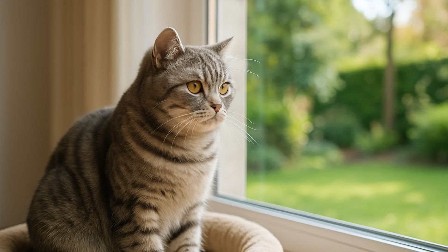 British Shorthair cat sitting on a cosy bed by a window, looking outside into a garden.