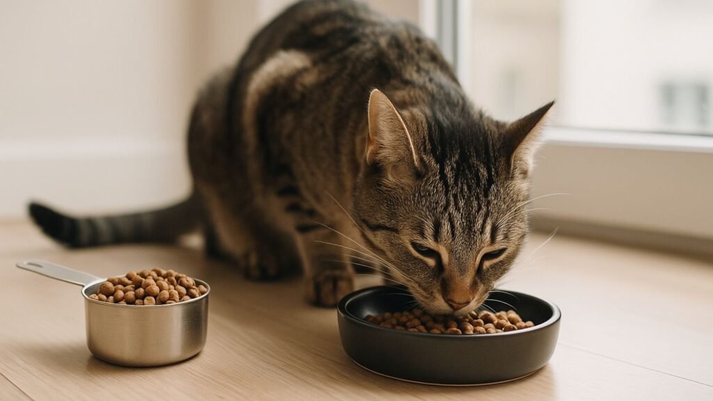 Tabby cat eating from a food bowl with measured dry cat food beside it on a wooden floor.