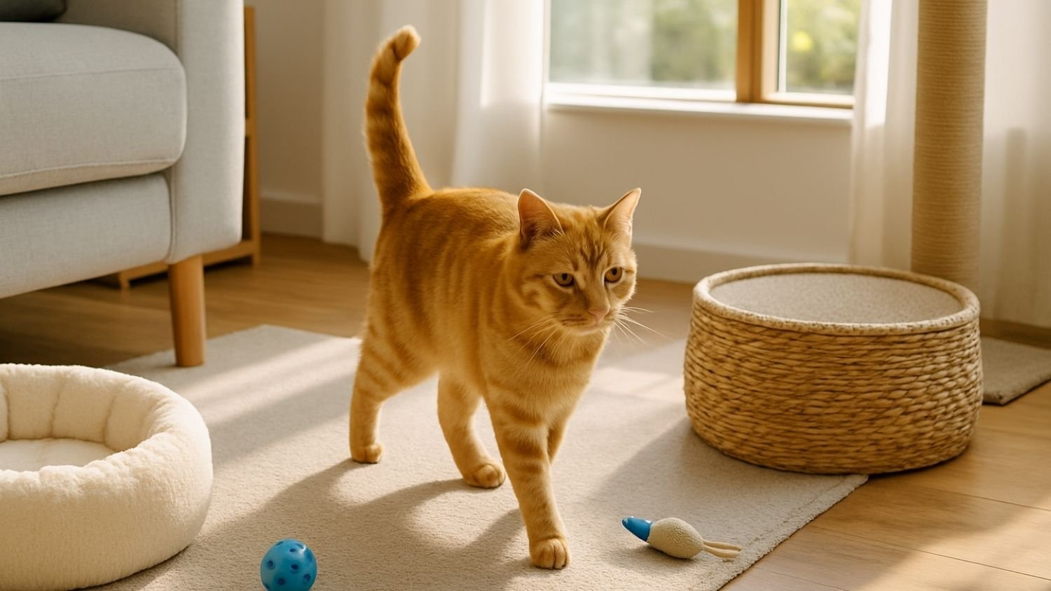 A relaxed orange cat exploring a cosy living room with toys, a cat bed, and sunlight coming through the window.