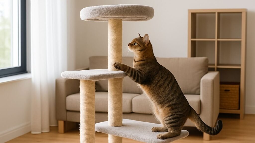 Cat exploring a multi-level cat tree as a way to prevent cat boredom while you’re at work.