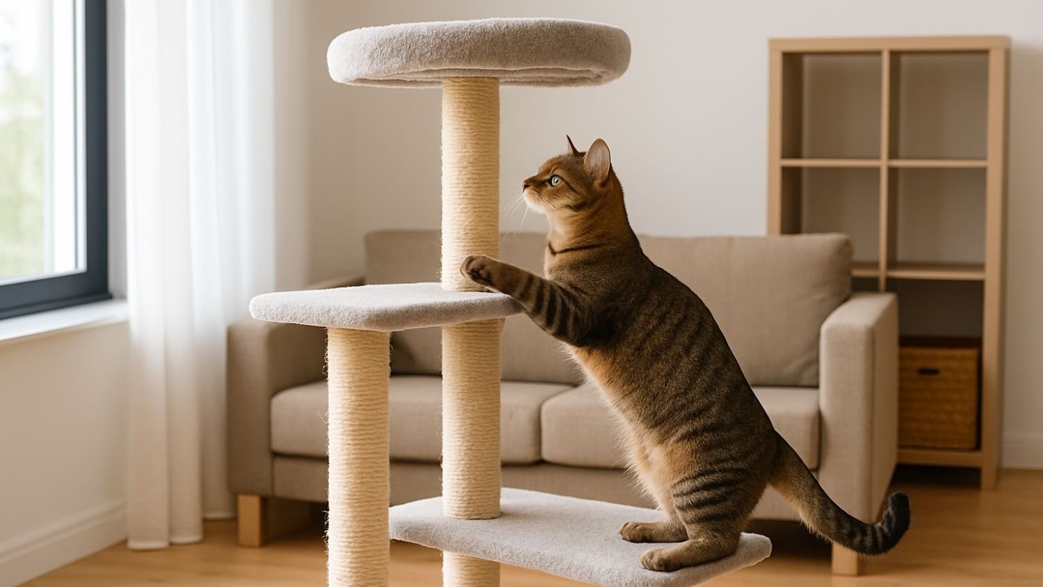 Cat exploring a multi-level cat tree as a way to prevent cat boredom while you’re at work.