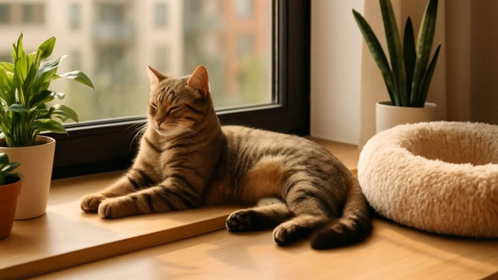 A relaxed tabby cat lounging on a windowsill in a modern apartment surrounded by plants and soft natural light.