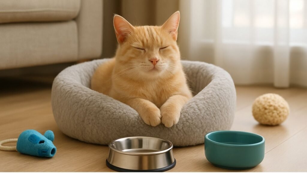A relaxed orange tabby cat sitting in a soft grey bed with bowls and toys.