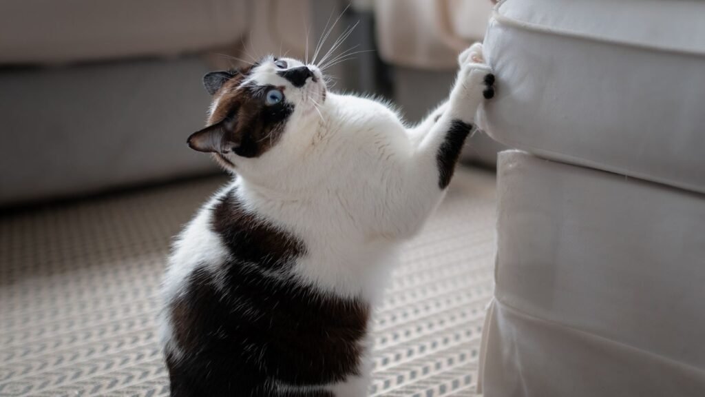 A black and white cat scratching the side of a sofa with its front paws, showing typical cat scratching behaviour.