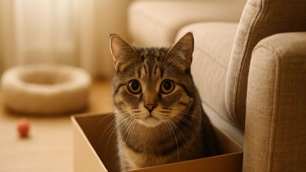 Shy cat peeking out cautiously in a new home during its first week, looking nervous and curious.