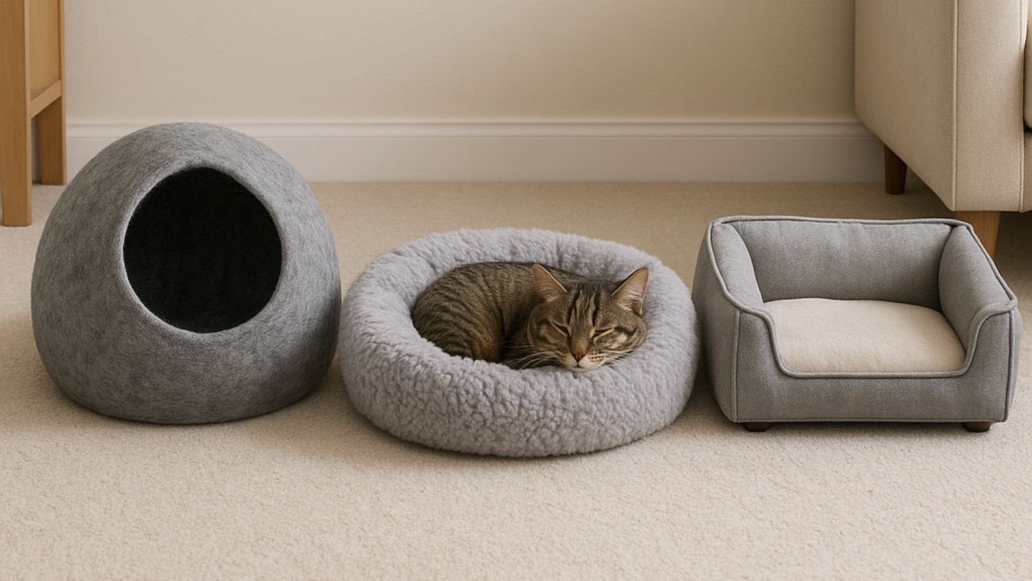 Comparison of different cat bed styles including a round bed, cat cave, and sofa-style bed in a UK home, for the best cat beds in the UK guide.